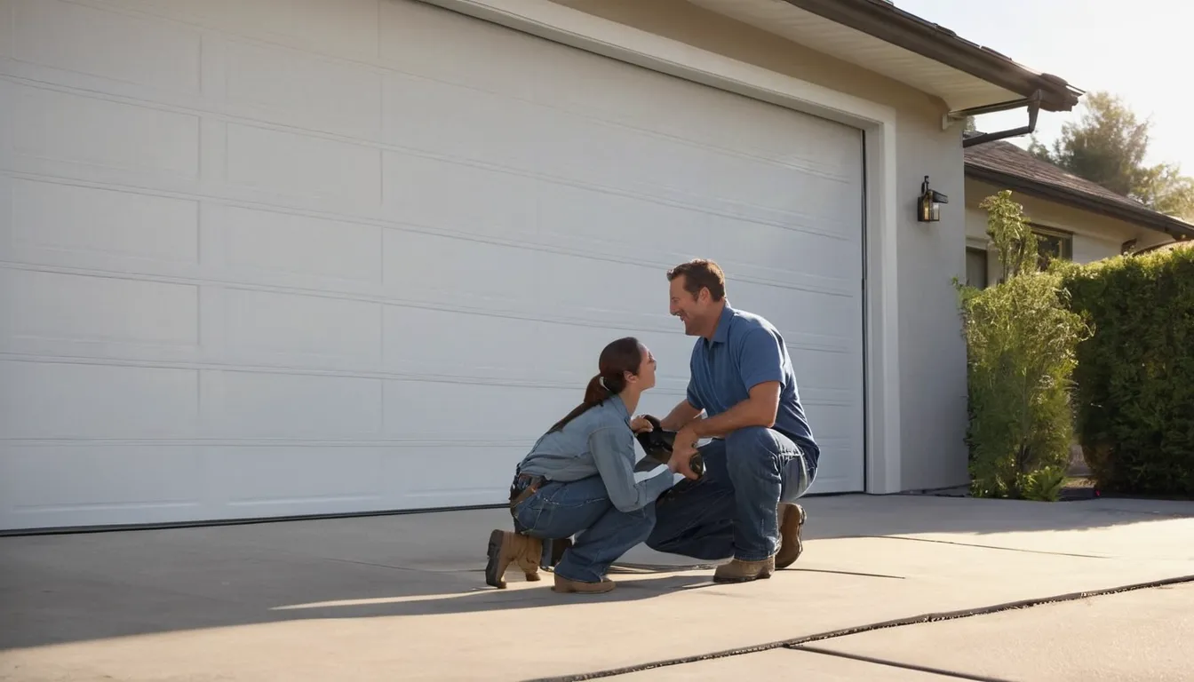 Friendly garage door provider checking the tracks of a home garage door in Munster