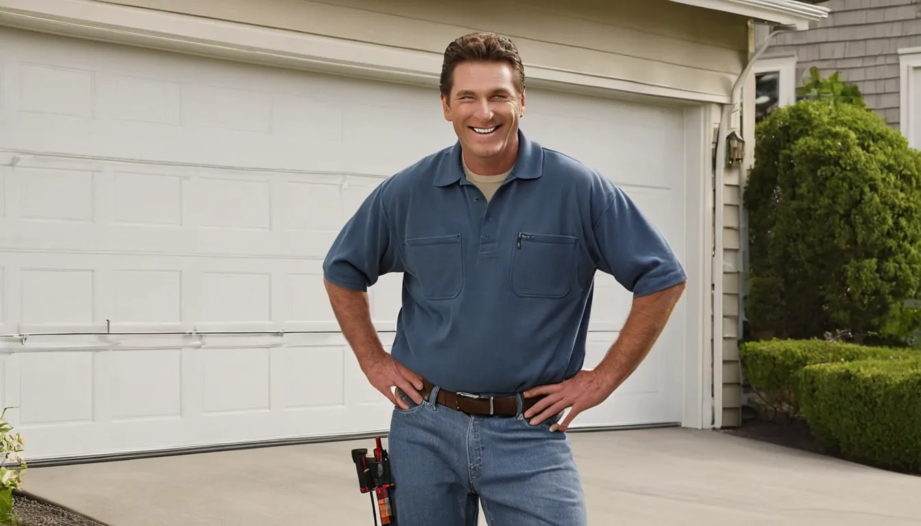 Friendly garage door provider inspecting a spring above a residential garage door in Munster
