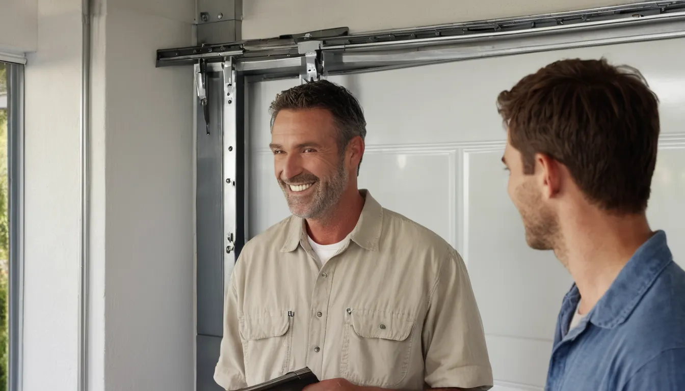 A provider checking garage door tracks with a homeowner nearby