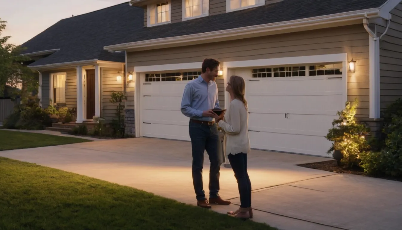 A homeowner looking up at a closed garage door on a calm evening in Munster